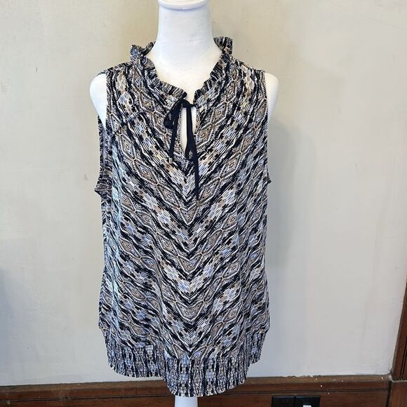 WHBM blue white patterned ruffle neck sleeveless blouson blouse Size L EUC - Picture 2 of 10